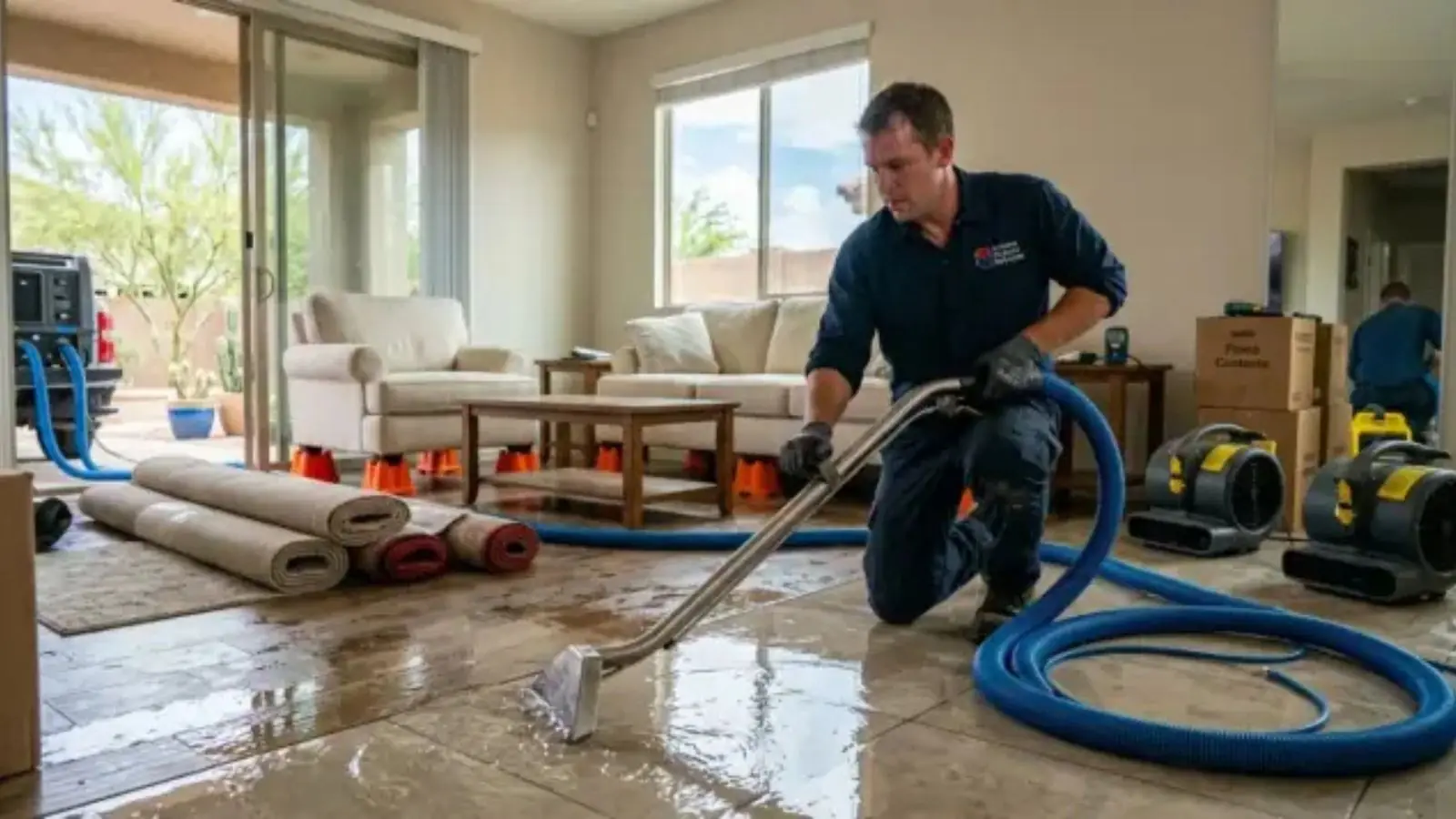 Restoration technician extracting water from a flooded living room floor with air movers running